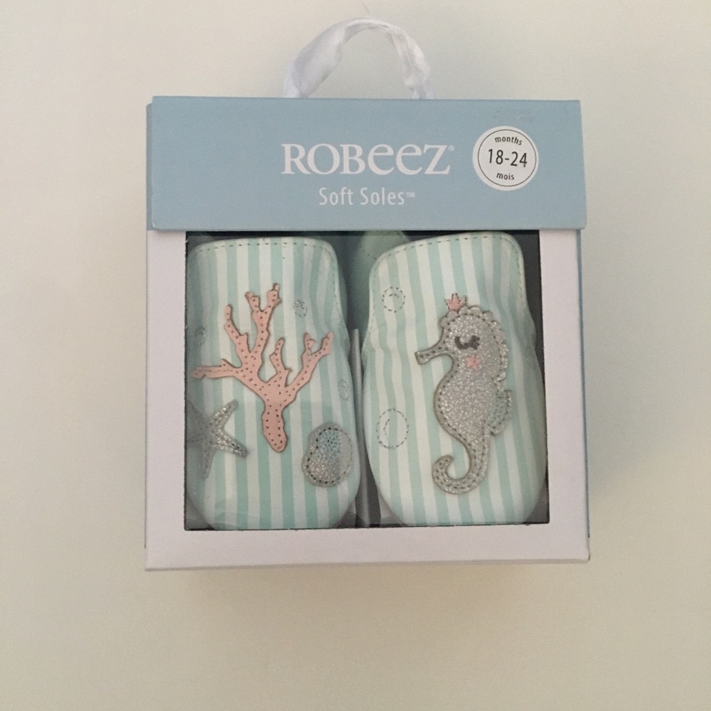 Robeez Soft Soles Baby Shoes in Mint Stripe with Seahorse & Coral 18-24M - Picture 14 of 14